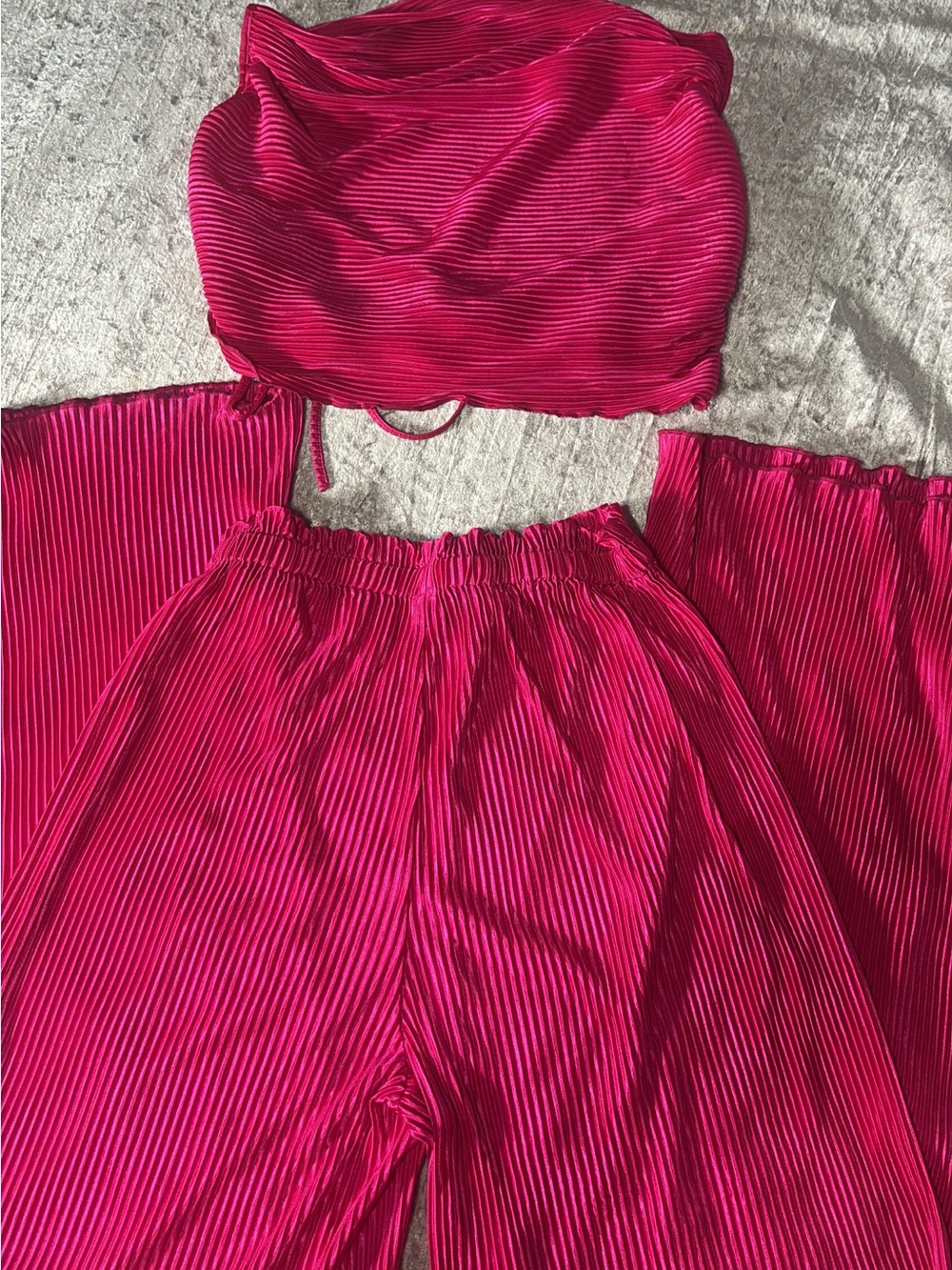 Hot Pink Pleated Two-Piece Set - Crop Top & Wide Leg Pants
